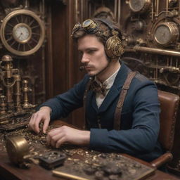 An e-sports player immersed in a steampunk setting, equipped with brass-coated gaming equipment, Victorian era headset, and surrounded by intricate gears, valves and steam-powered machinery.