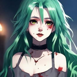 A very beautiful 21-year-old girl with green hair and clothes stained with blood