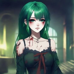 A very beautiful 21-year-old girl with green hair and clothes stained with blood