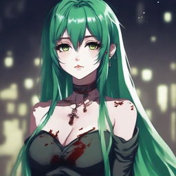 A very beautiful 21-year-old girl with green hair and clothes stained with blood