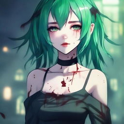 A very beautiful 21-year-old girl with green hair and clothes stained with blood