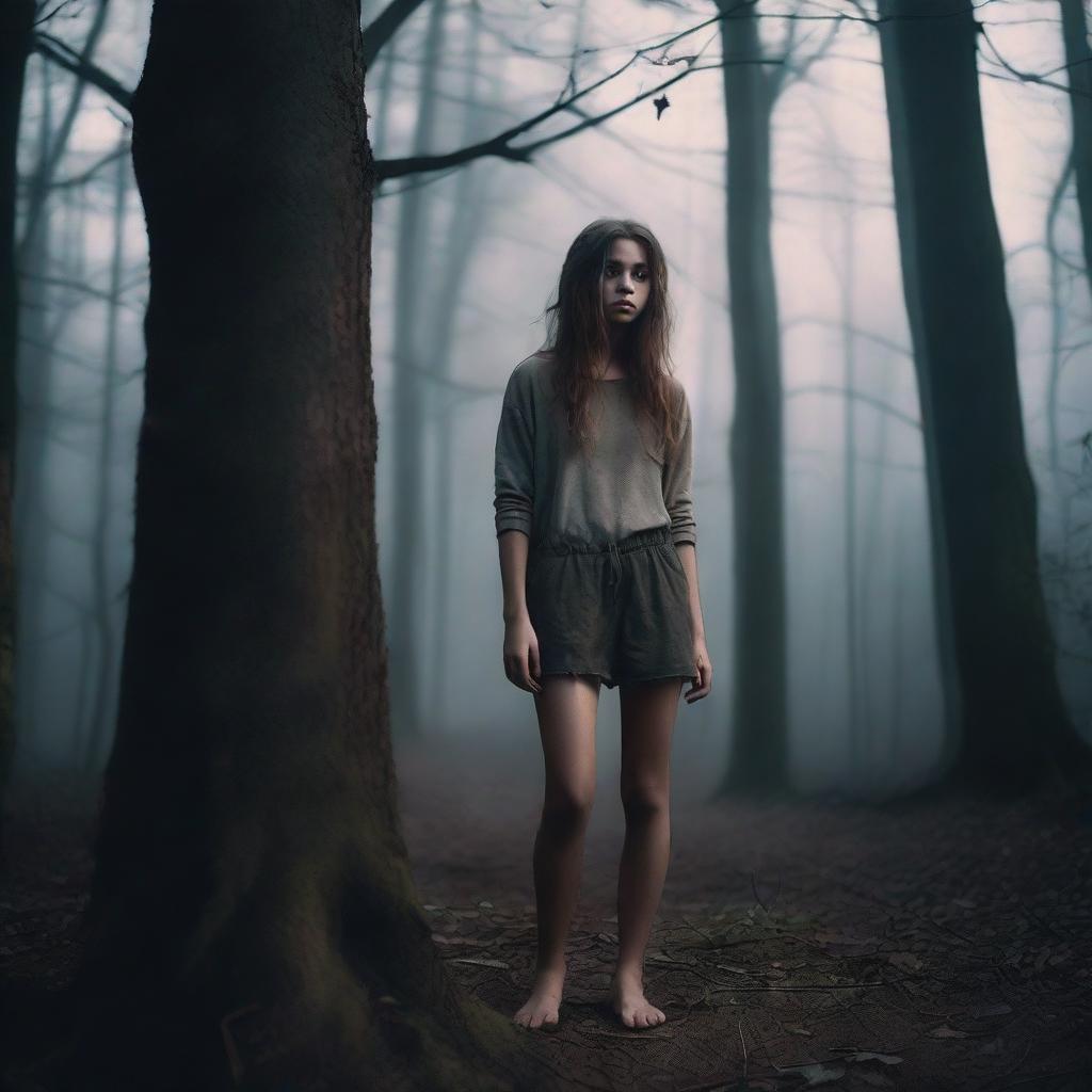 A beautiful 19-year-old girl in a dark forest, wearing dirty clothes and barefoot