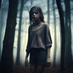 A beautiful 19-year-old girl in a dark forest, wearing dirty clothes and barefoot