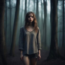 A beautiful 19-year-old girl in a dark forest, wearing dirty clothes and barefoot