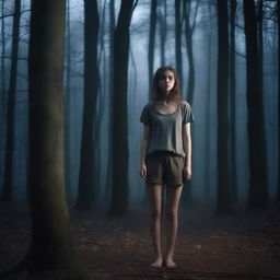 A beautiful 19-year-old girl in a dark forest, wearing dirty clothes and barefoot