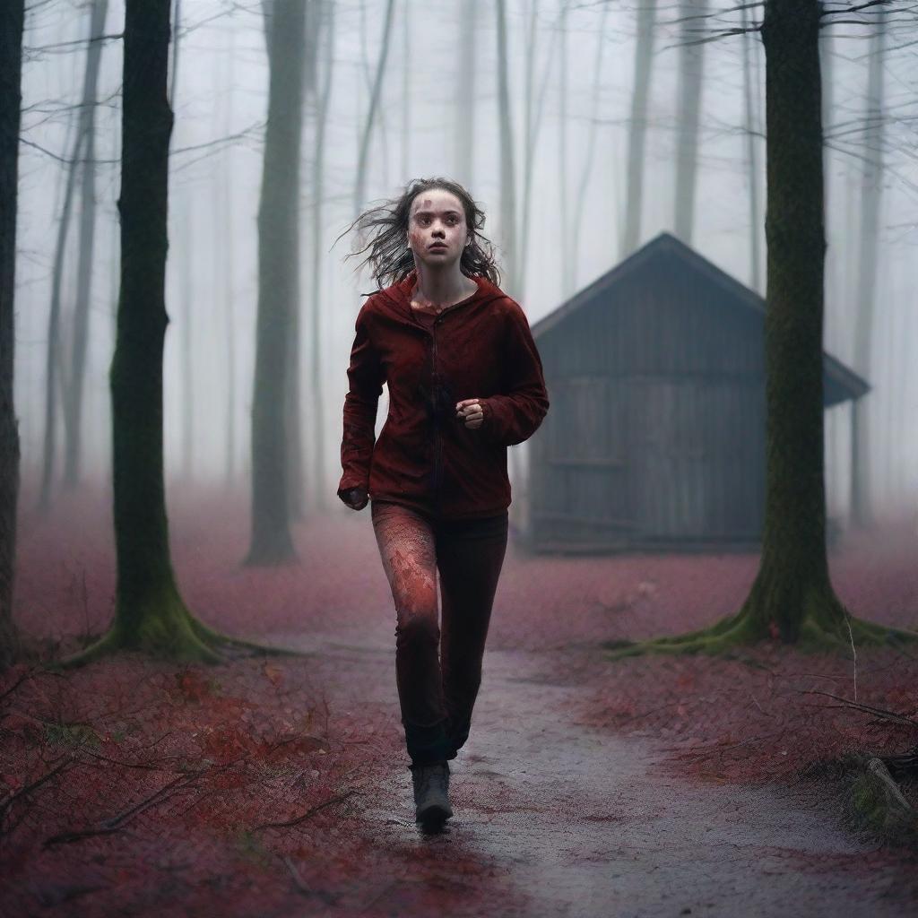 A beautiful 19-year-old girl running in a forest, covered in blood, near a cabin