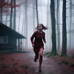 A beautiful 19-year-old girl running in a forest, covered in blood, near a cabin