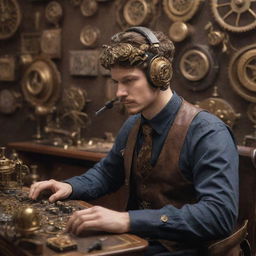 An e-sports player immersed in a steampunk setting, equipped with brass-coated gaming equipment, Victorian era headset, and surrounded by intricate gears, valves and steam-powered machinery.