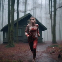 A beautiful 19-year-old girl running in a forest, covered in blood, near a cabin