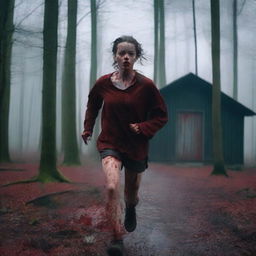 A beautiful 19-year-old girl running in a forest, covered in blood, near a cabin