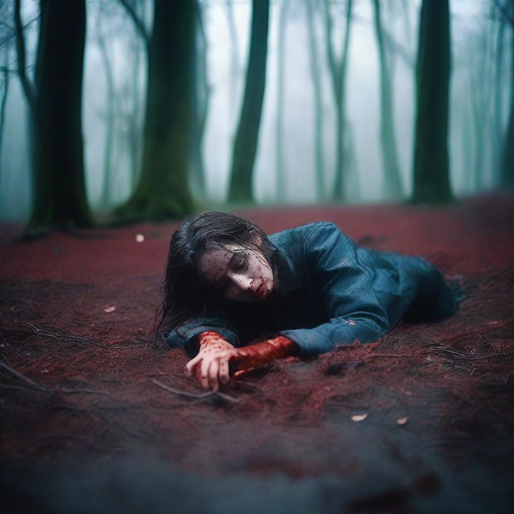 A beautiful 21-year-old girl lying on the ground in a forest, covered in blood