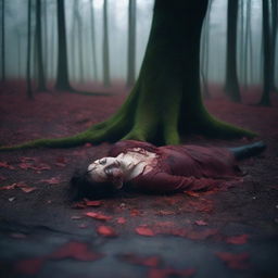 A beautiful 21-year-old girl lying on the ground in a forest, covered in blood