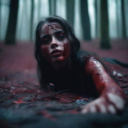 A beautiful 21-year-old girl lying on the ground in a forest, covered in blood