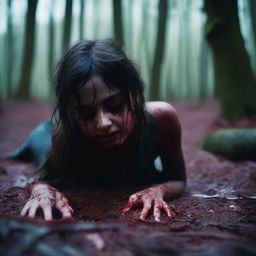 A beautiful 21-year-old girl lying on the ground in a forest, covered in blood