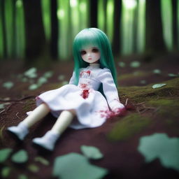 A beautiful doll with green hair lying on the ground in a forest