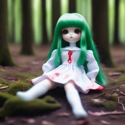 A beautiful doll with green hair lying on the ground in a forest