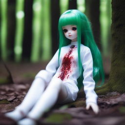 A beautiful doll with green hair lying on the ground in a forest