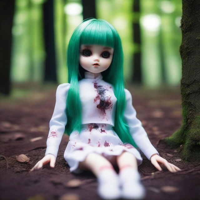 A beautiful doll with green hair lying on the ground in a forest