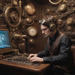 An e-sports player immersed in a steampunk setting, equipped with brass-coated gaming equipment, Victorian era headset, and surrounded by intricate gears, valves and steam-powered machinery.