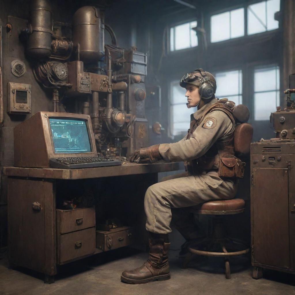 An e-sports player envisioned in a dieselpunk environment, wielding retro-stylized mechanical gaming gear, surrounded by a rugged, industrial setting with a vintage computer console.