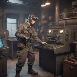 An e-sports player envisioned in a dieselpunk environment, wielding retro-stylized mechanical gaming gear, surrounded by a rugged, industrial setting with a vintage computer console.