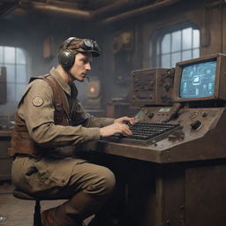 An e-sports player envisioned in a dieselpunk environment, wielding retro-stylized mechanical gaming gear, surrounded by a rugged, industrial setting with a vintage computer console.