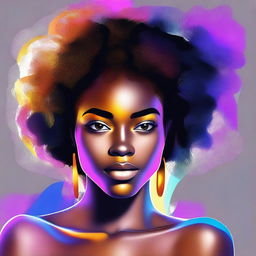 Create a dazzling digital art piece featuring a 20-year-old black woman exuding sensuality