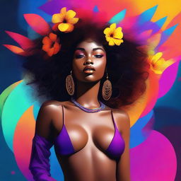 Create a dazzling digital art piece featuring a 20-year-old black woman exuding sensuality