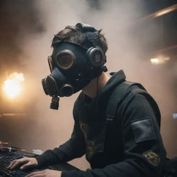 An e-sports player depicted in a gaspunk scenario, wearing gas-mask-like headset, machinery-inspired gaming peripherals, amidst a smoky, atmospheric competition arena.