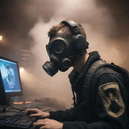 An e-sports player depicted in a gaspunk scenario, wearing gas-mask-like headset, machinery-inspired gaming peripherals, amidst a smoky, atmospheric competition arena.