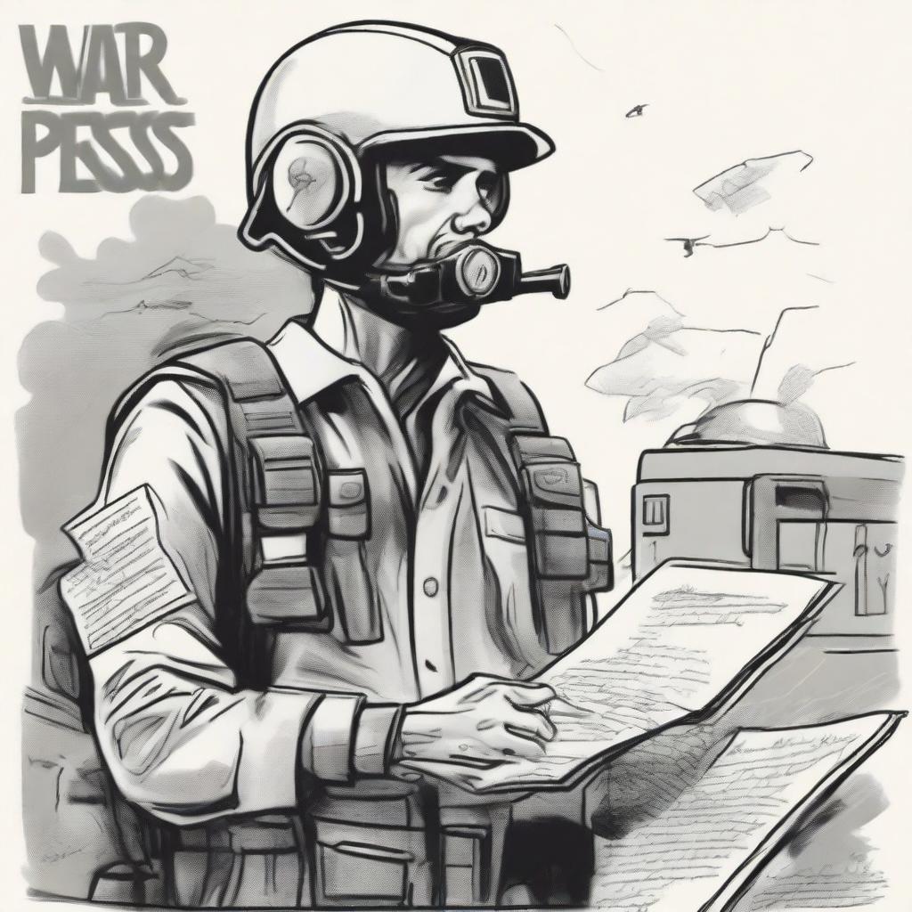 A detailed drawing of a war reporter in the field, wearing a helmet and a bulletproof vest with the word 'PRESS' on it