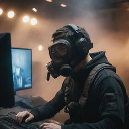 An e-sports player depicted in a gaspunk scenario, wearing gas-mask-like headset, machinery-inspired gaming peripherals, amidst a smoky, atmospheric competition arena.