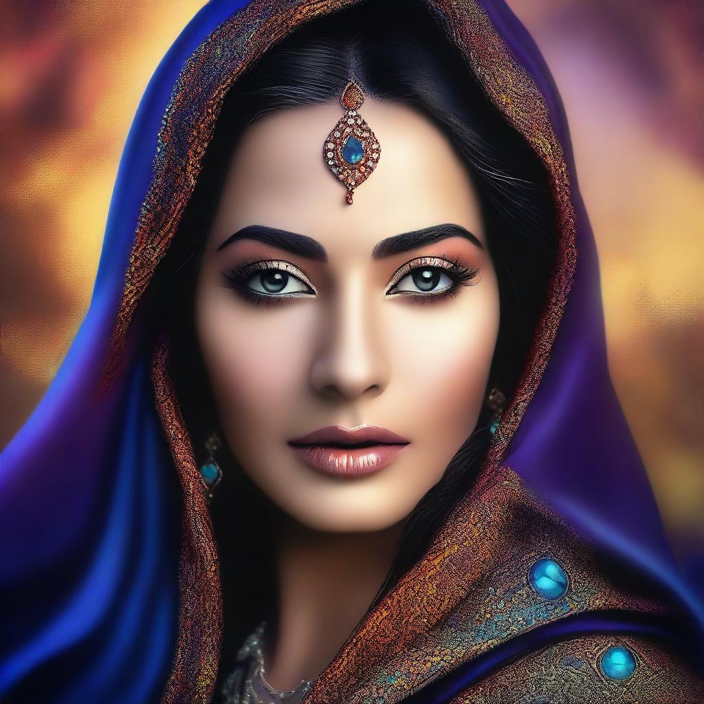 Create a dazzling digital art piece featuring a 20-year-old Arabian woman