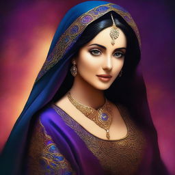 Create a dazzling digital art piece featuring a 20-year-old Arabian woman