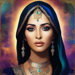 Create a dazzling digital art piece featuring a 20-year-old Arabian woman