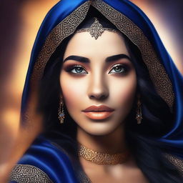 Create a dazzling digital art piece featuring a 20-year-old Arabian woman