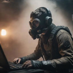 An e-sports player depicted in a gaspunk scenario, wearing gas-mask-like headset, machinery-inspired gaming peripherals, amidst a smoky, atmospheric competition arena.