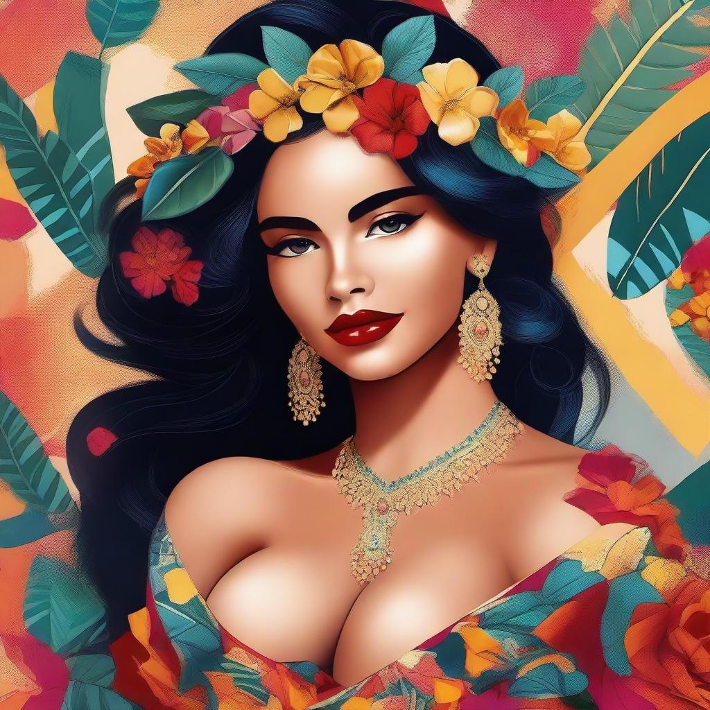 Create a dazzling digital art piece featuring a 20-year-old Latin woman embodying sensuality