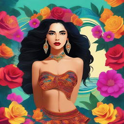 Create a dazzling digital art piece featuring a 20-year-old Latin woman embodying sensuality