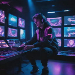 An e-sports player operating in an electropunk landscape, clad in neon-lit attire, manipulating high-voltage gaming devices, and standing amidst a vibrant, energy-charged gaming stage.