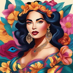 Create a dazzling digital art piece featuring a 20-year-old Latin woman embodying sensuality