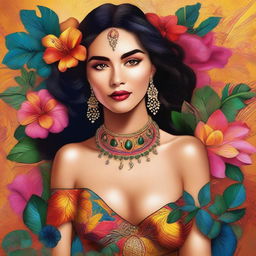 Create a dazzling digital art piece featuring a 20-year-old Latin woman embodying sensuality