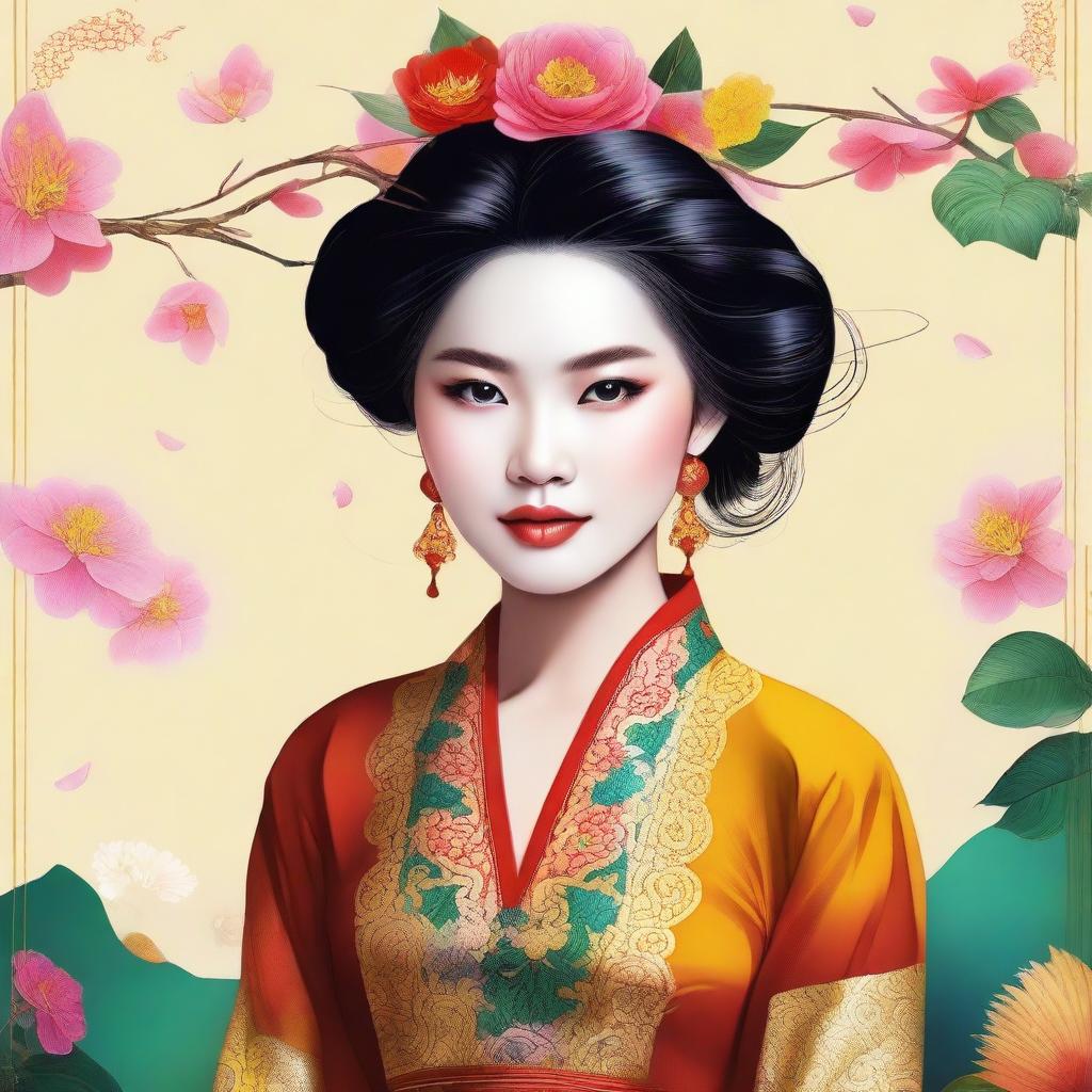 Create a dazzling digital art piece featuring a 20-year-old Vietnamese woman