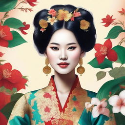 Create a dazzling digital art piece featuring a 20-year-old Vietnamese woman