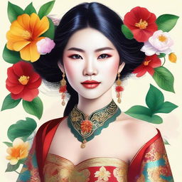 Create a dazzling digital art piece featuring a 20-year-old Vietnamese woman