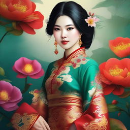 Create a dazzling digital art piece featuring a 20-year-old Vietnamese woman