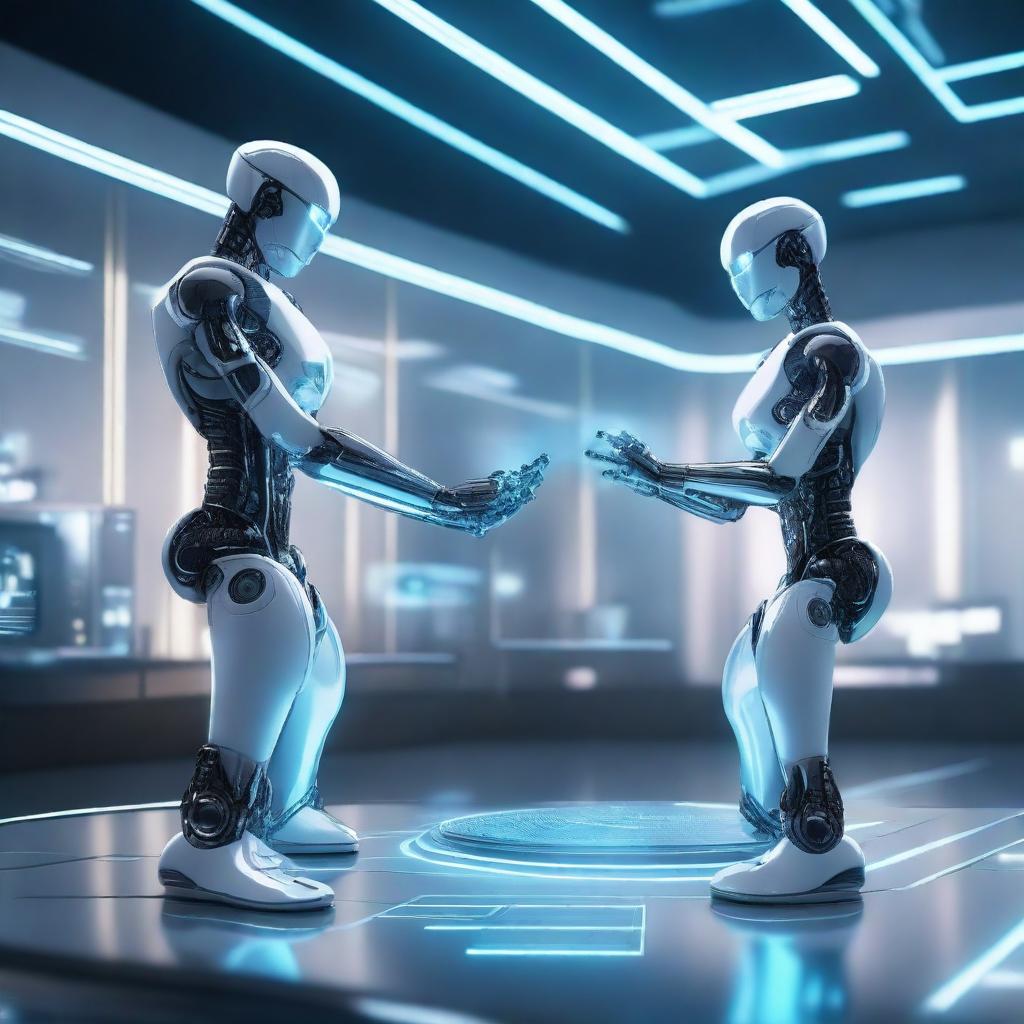 A futuristic scene featuring intelligent machines working together with advanced artificial intelligence