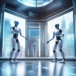 A futuristic scene featuring intelligent machines working together with advanced artificial intelligence