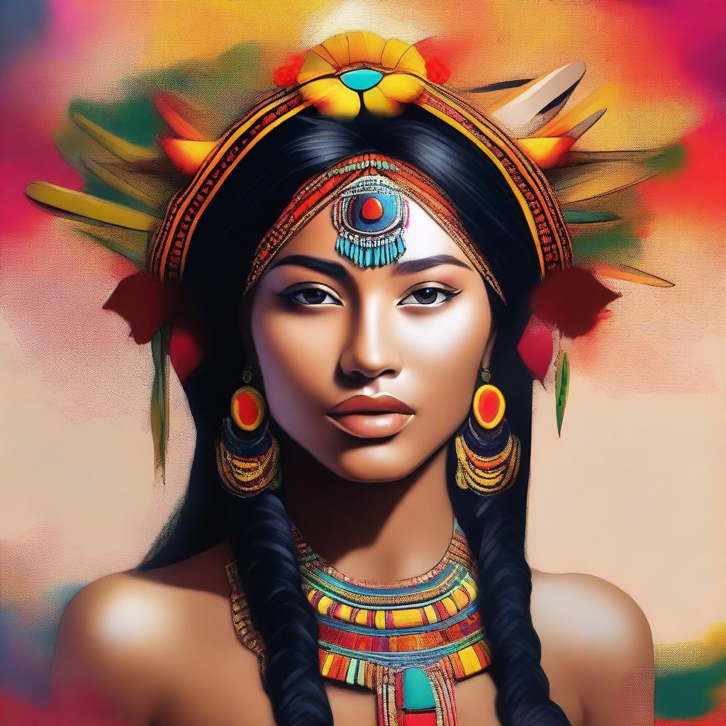 Create a dazzling digital art piece featuring a 20-year-old Native woman