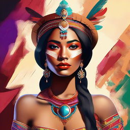 Create a dazzling digital art piece featuring a 20-year-old Native woman